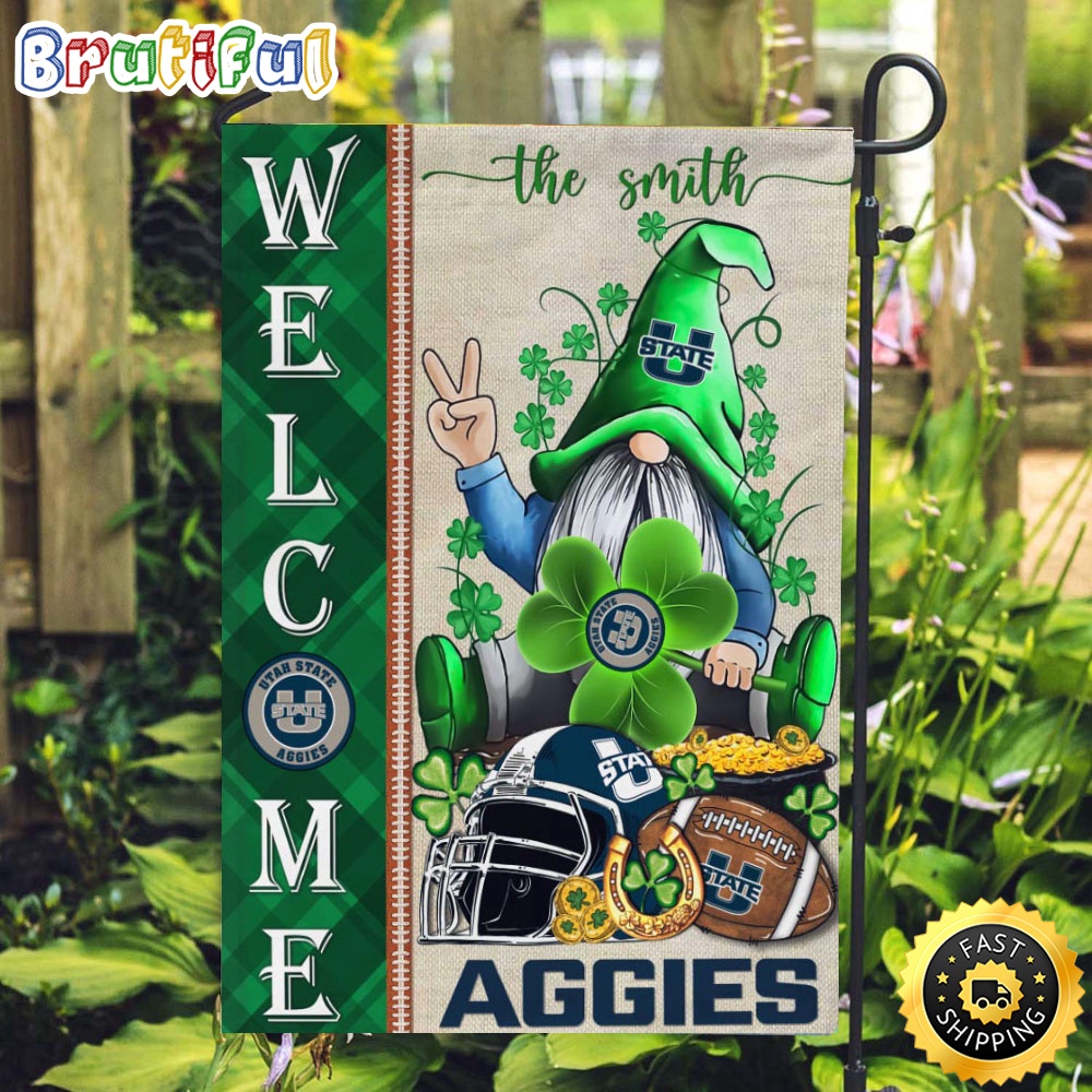 NCAA Utah State Aggies Garden Flag St Patricks Day Gnome Shamrock Welcome Garden Flag