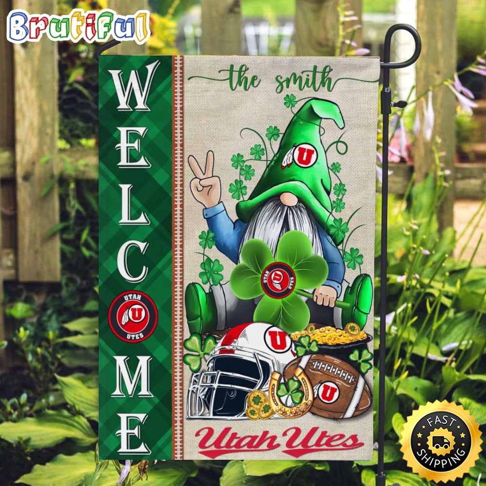 NCAA Utah Utes Garden Flag St Patricks Day Gnome Shamrock Welcome Garden Flag