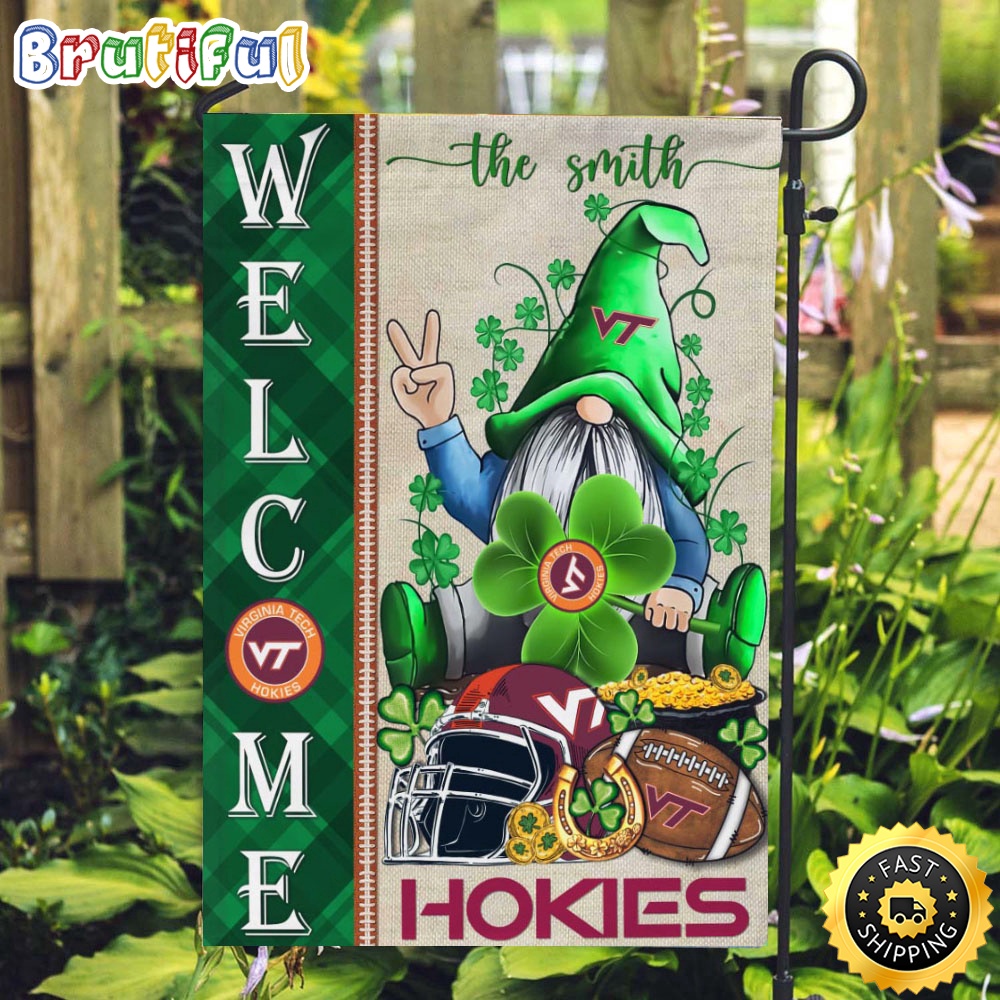 NCAA Virginia Tech Hokies Garden Flag St Patricks Day Gnome Shamrock Welcome Garden Flag