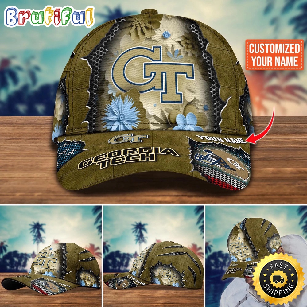 NCAA Georgia Tech Yellow Jackets Baseball Cap Flag Flower Custom Name Cap emp3py.jpg
