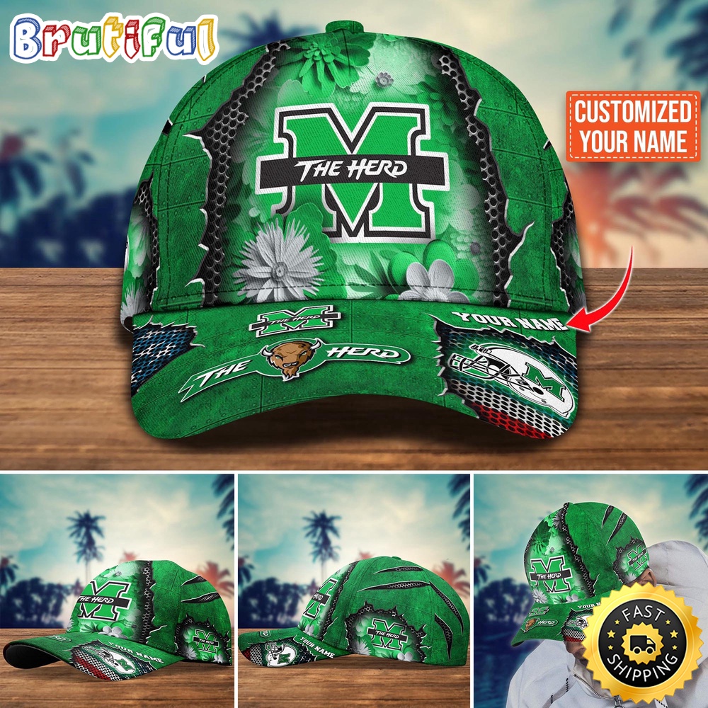 NCAA Marshall Thundering Herd Baseball Cap Flag Flower Custom Name Cap qstaj1.jpg