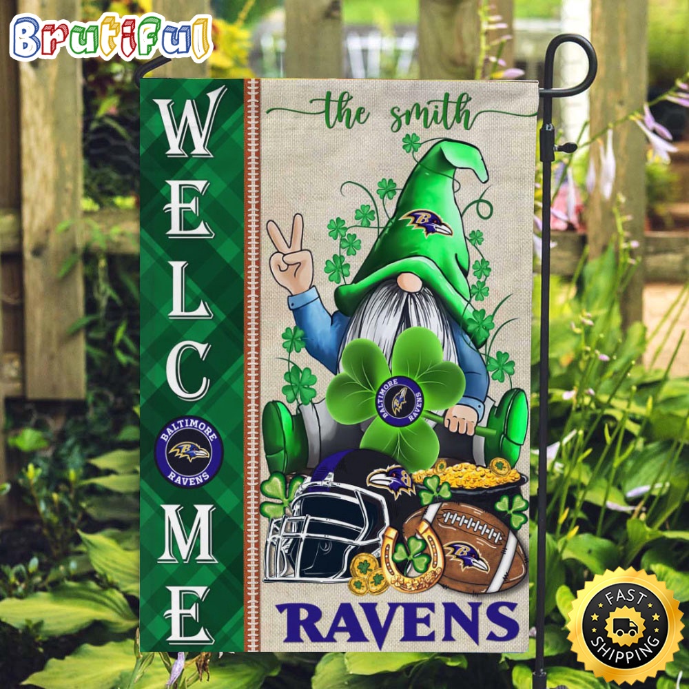 NFL Baltimore Ravens Garden Flag St Patricks Day Gnome Shamrock Welcome Garden Flag