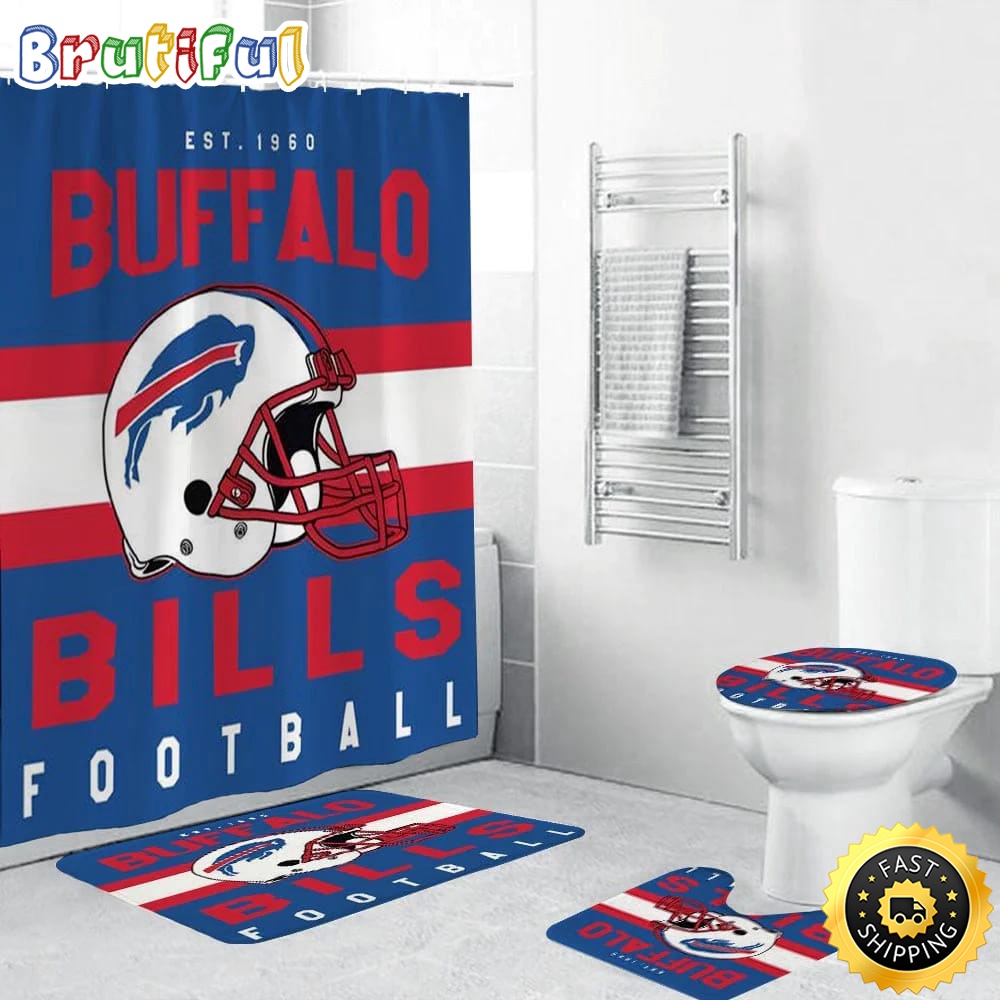NFL Buffalo Bills Helmet Shower Curtain Football Bathroom Mat Set and Shower Curtain 1