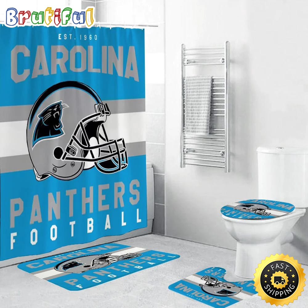 NFL Carolina Panthers Helmet Shower Curtain Football Bathroom Mat Set and Shower Curtain 1