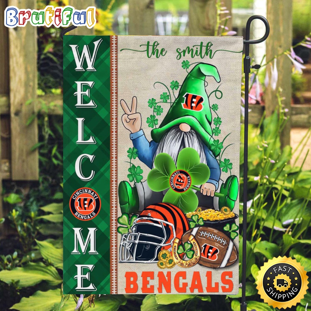 NFL Cincinnati Bengals Garden Flag St Patricks Day Gnome Shamrock Welcome Garden Flag