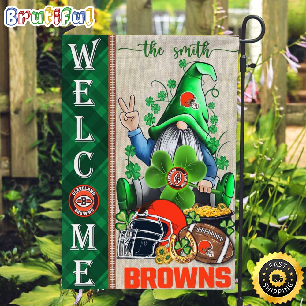 NFL Cleveland Browns Garden Flag St Patricks Day Gnome Shamrock Welcome Garden Flag