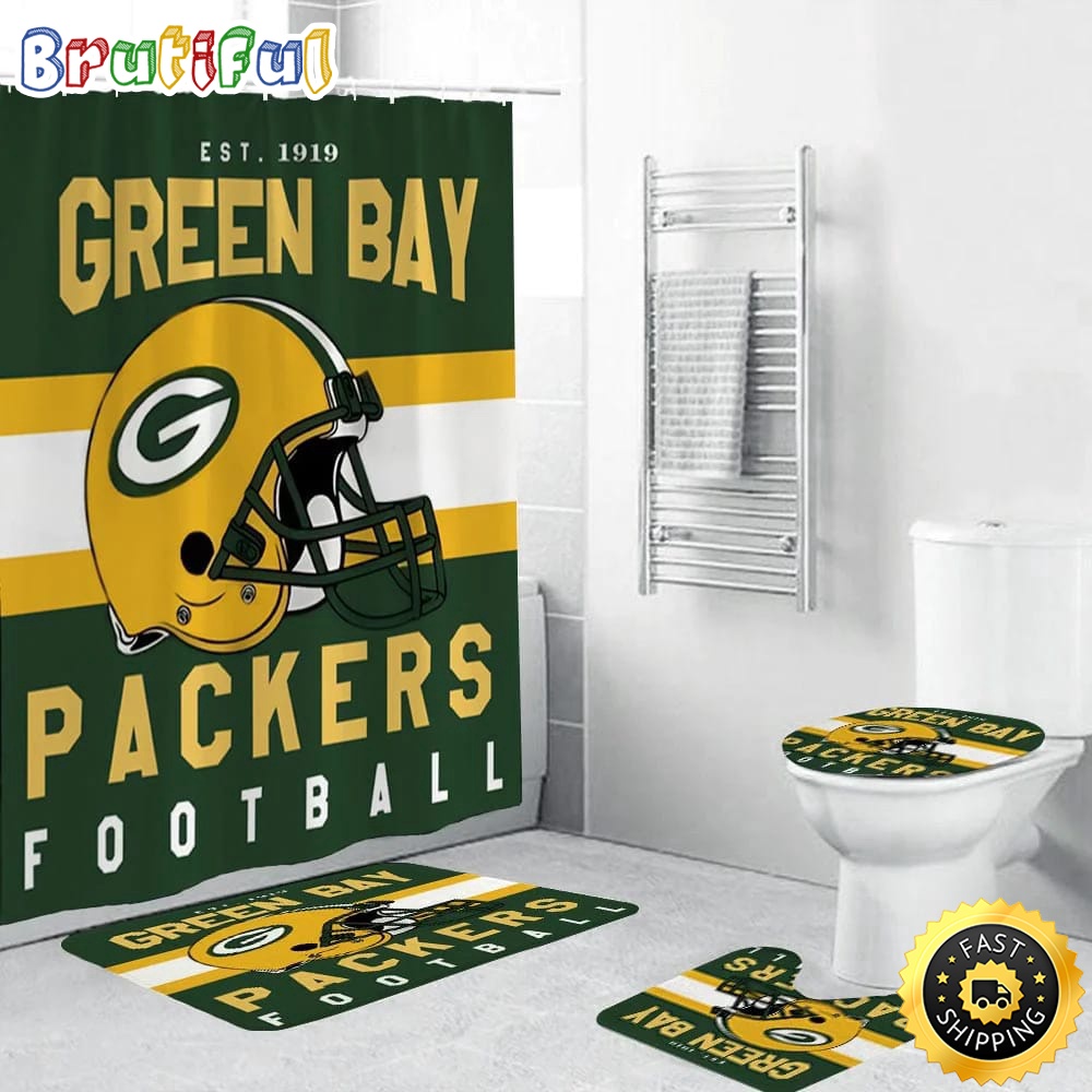 NFL Green Bay Packers Helmet Shower Curtain Football Bathroom Mat Set and Shower Curtain 1