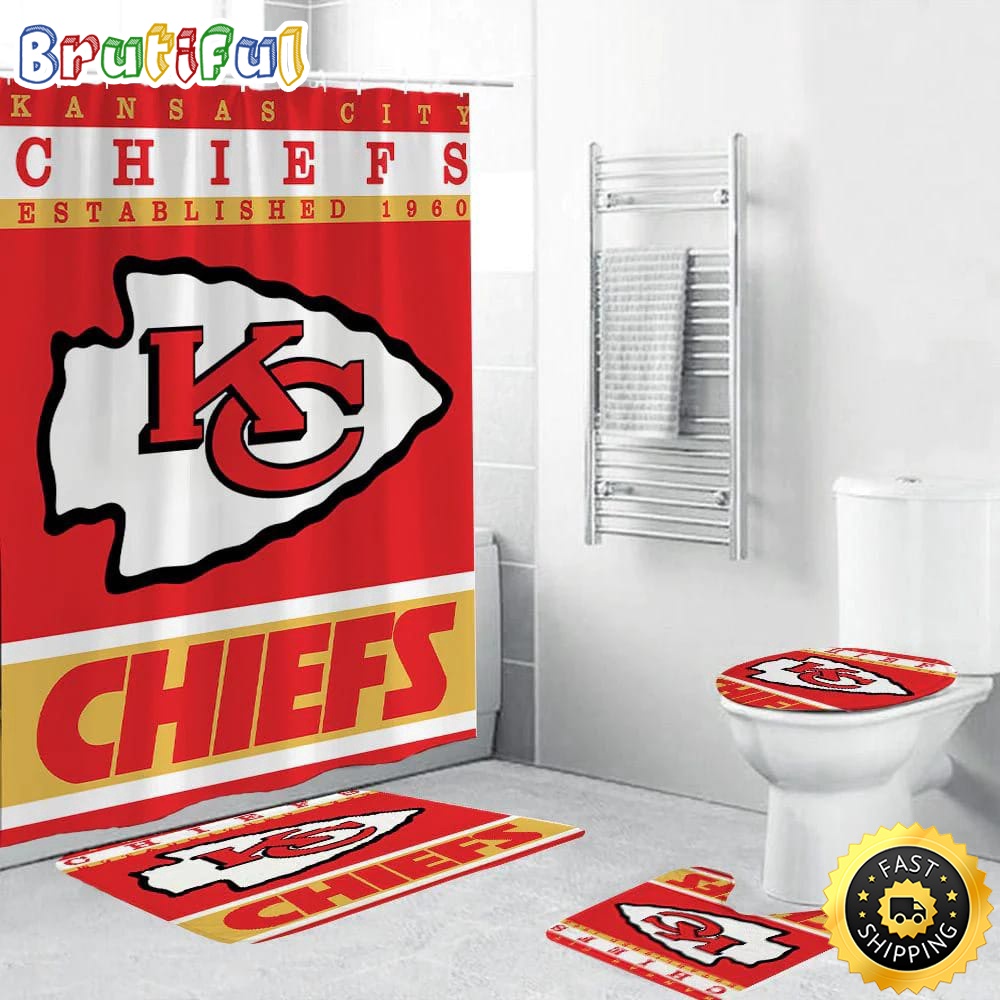 NFL Kansas City Chiefs Flag Shower Curtain Football Bathroom Mat Set and Shower Curtain 1