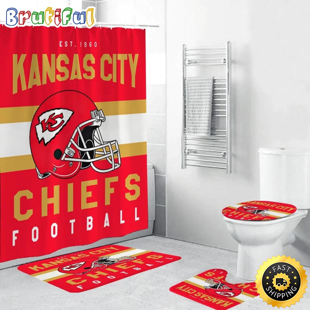 NFL Kansas City Chiefs Helmet Shower Curtain Football Bathroom Mat Set and Shower Curtain 1