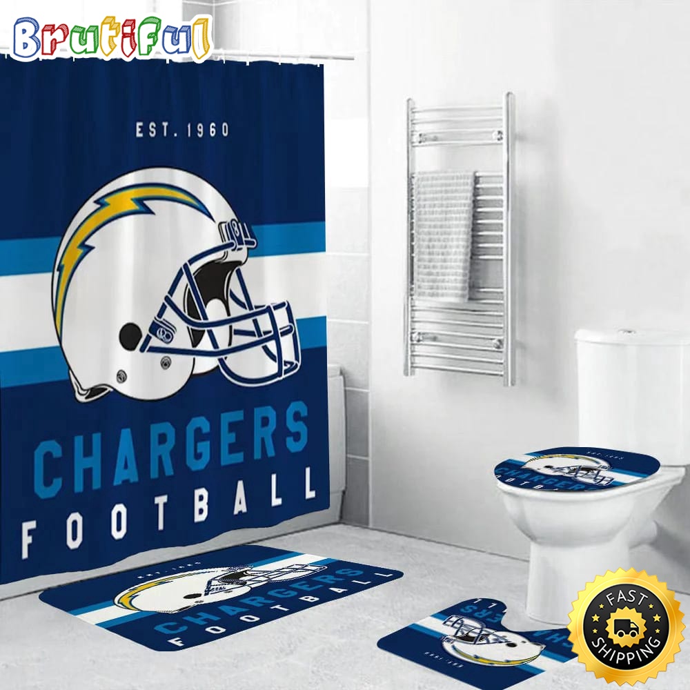 NFL Los Angeles Chargers Helmet Shower Curtain Football Bathroom Mat Set and Shower Curtain 1