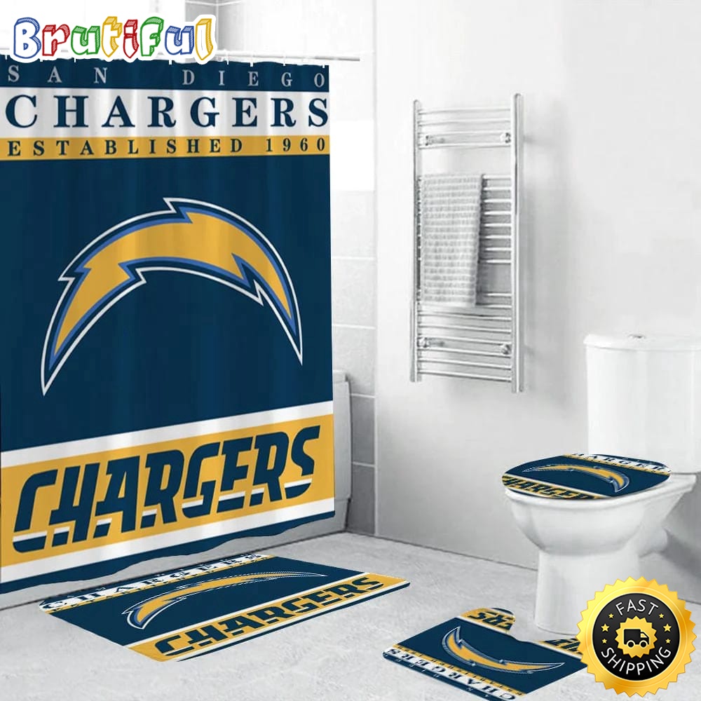 NFL Los Angeles Chargers Shower Curtain Football Bathroom Mat Set and Shower Curtain 1