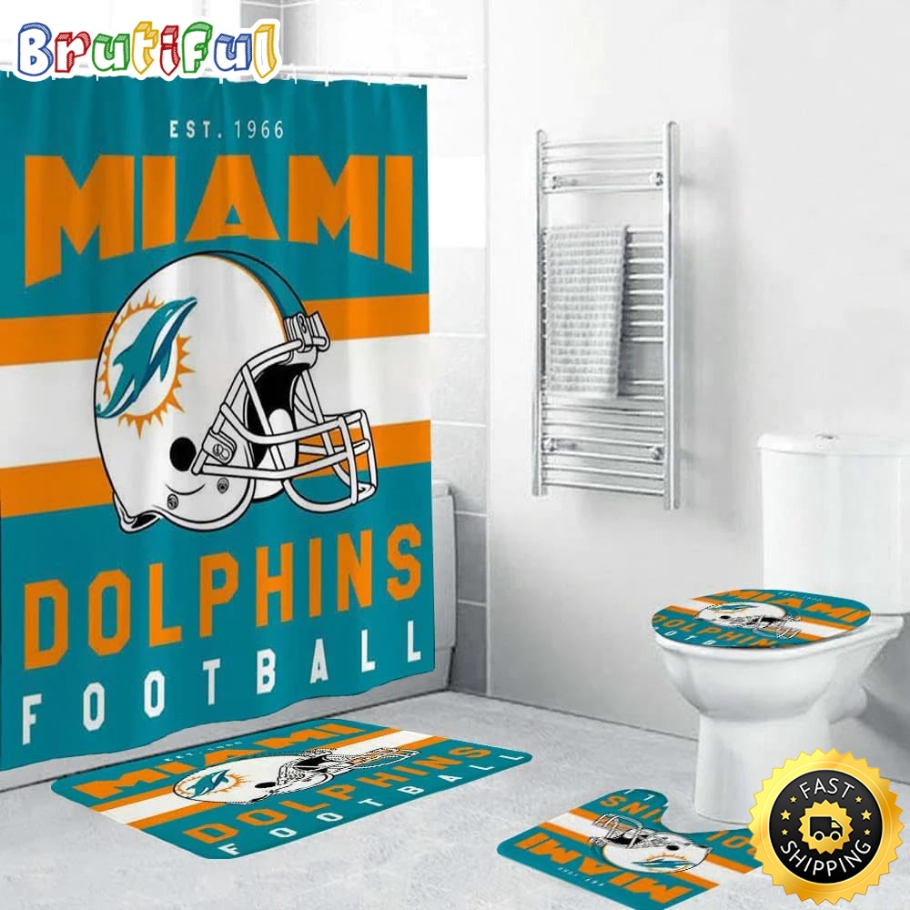 NFL Miami Dolphins Helmet Shower Curtain Football Bathroom Mat Set and Shower Curtain 1