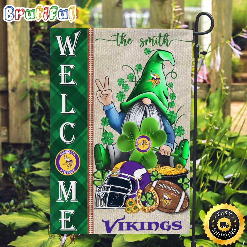NFL Minnesota Vikings Garden Flag St Patricks Day Gnome Shamrock Welcome Garden Flag