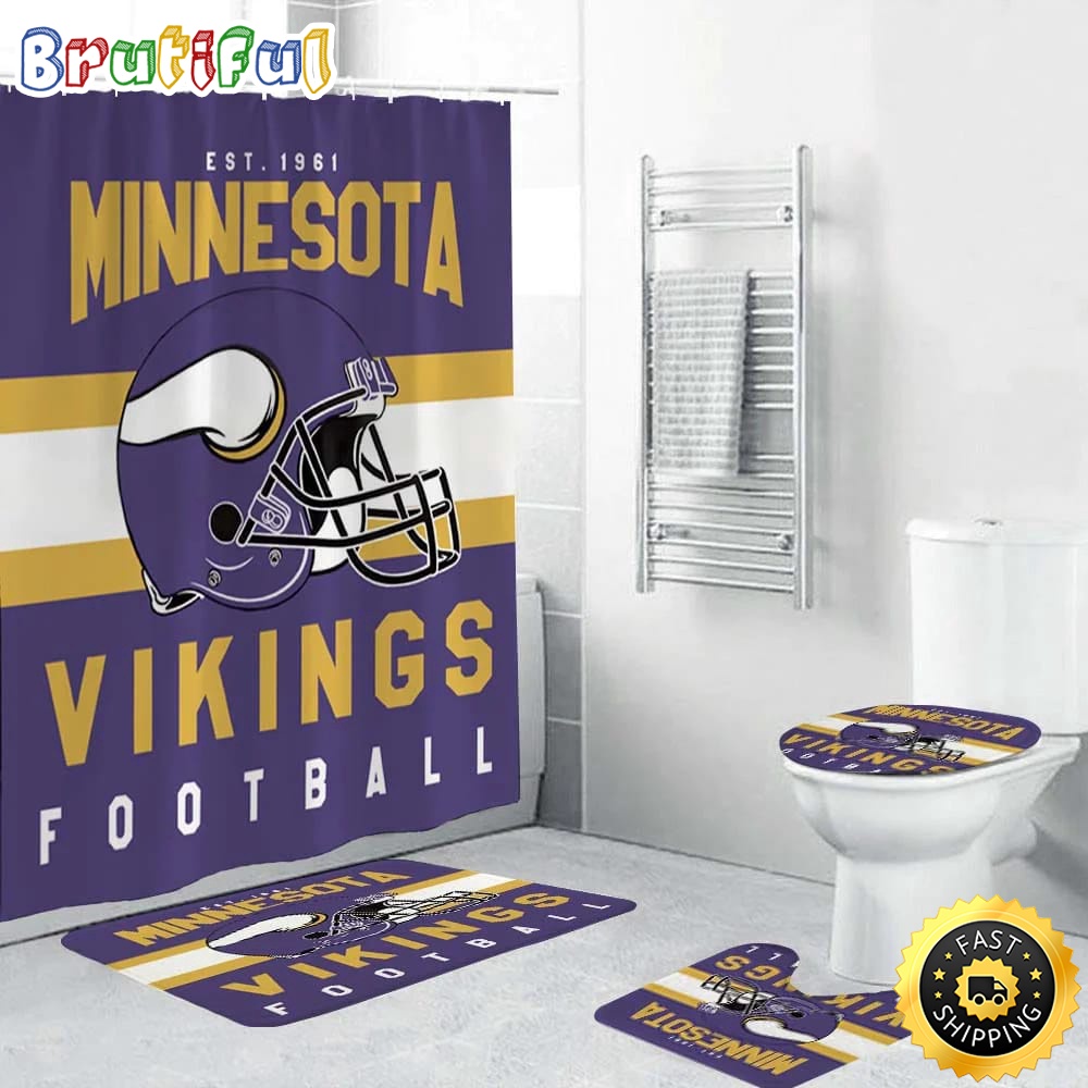NFL Minnesota Vikings Helmet Shower Curtain Football Bathroom Mat Set and Shower Curtain 1