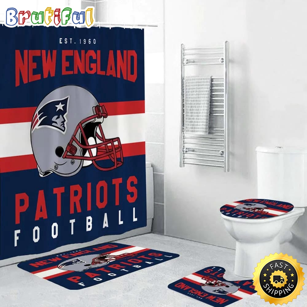 NFL New England Patriots Helmet Shower Curtain Football Bathroom Mat Set and Shower Curtain 1
