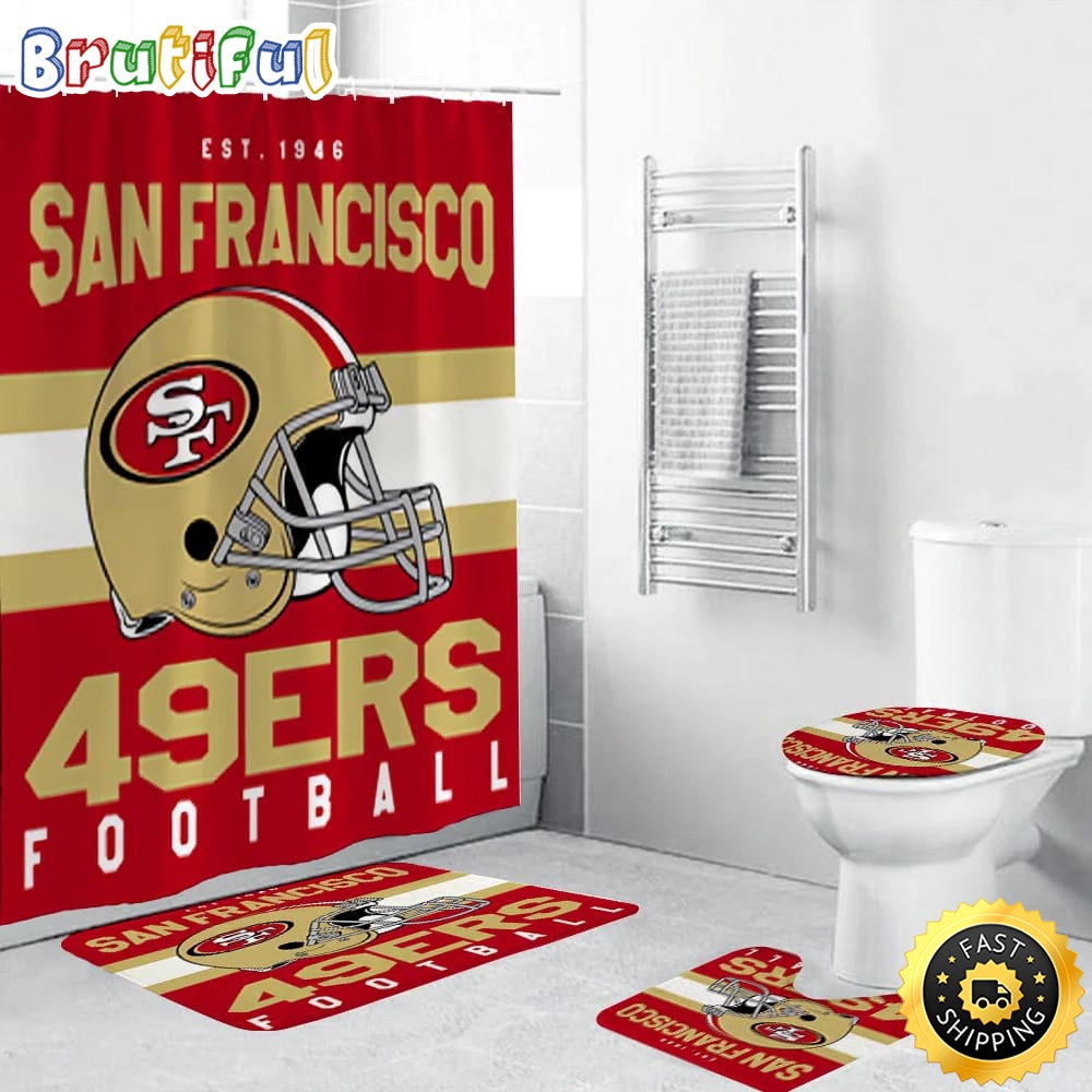 NFL San Francisco 49ers Helmet Shower Curtain Football Bathroom Mat Set and Shower Curtain 1