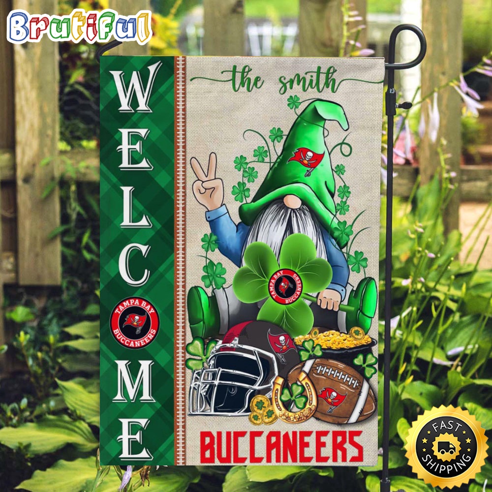 NFL Tampa Bay Buccaneers Garden Flag St Patricks Day Gnome Shamrock Welcome Garden Flag