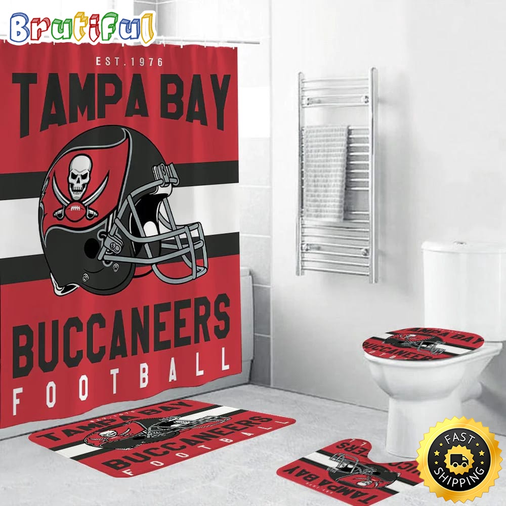NFL Tampa Bay Buccaneers Helmet Shower Curtain Football Bathroom Mat Set and Shower Curtain 1
