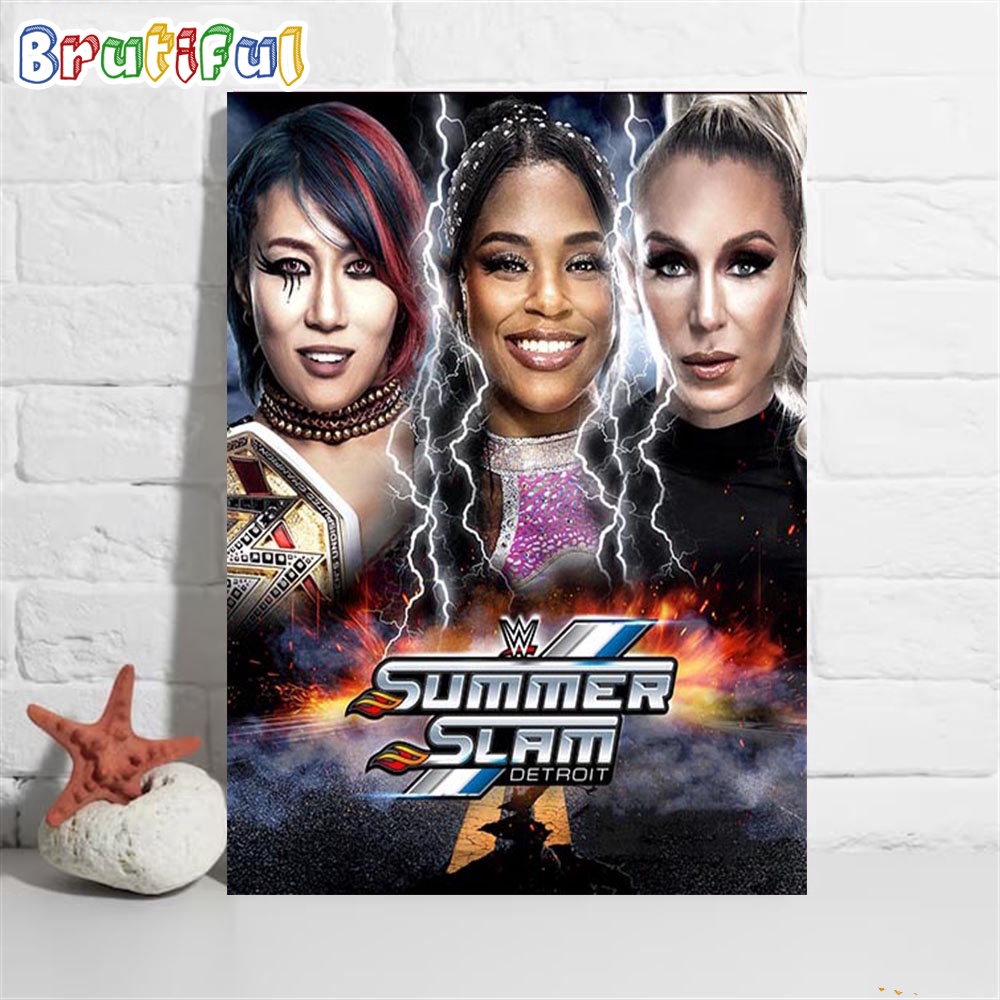 Asuka Defends Against Bianca Belair And Charlotte Flair For WWE Womens Champion At WWE SummerSlam Wall Art Poster Canvas