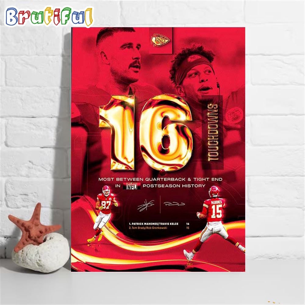 Congrats Patrick Mahomes And Travis Kelce 16 Touchdowns For Most Between Quarterback And Tight End In NFL Postseason History Poster Canvas