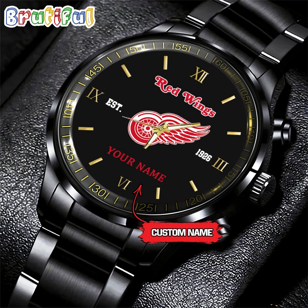 NHL Detroit Red Wings Black Fashion Watch Custom Hockey Game Time