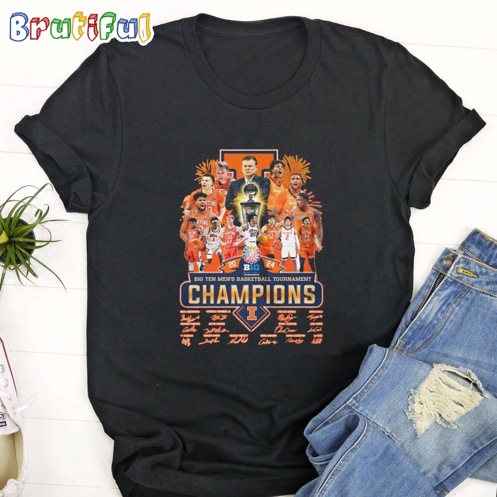 Illinois Fighting Illini 2024 Big Ten Men's Basketball Tournament Champions Signatures T Shirt