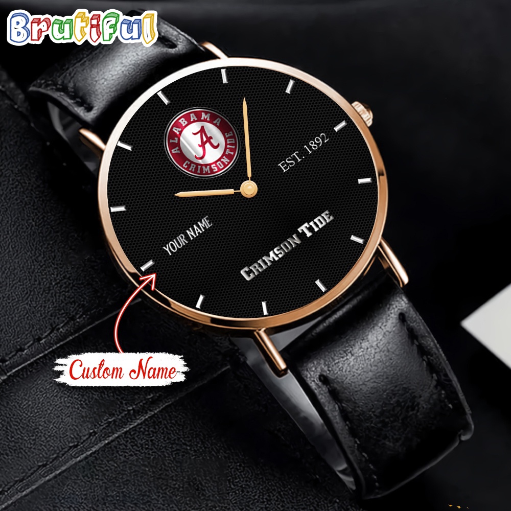 NCAA Alabama Crimson Tide Custom Name Black Stitched Leather Watch