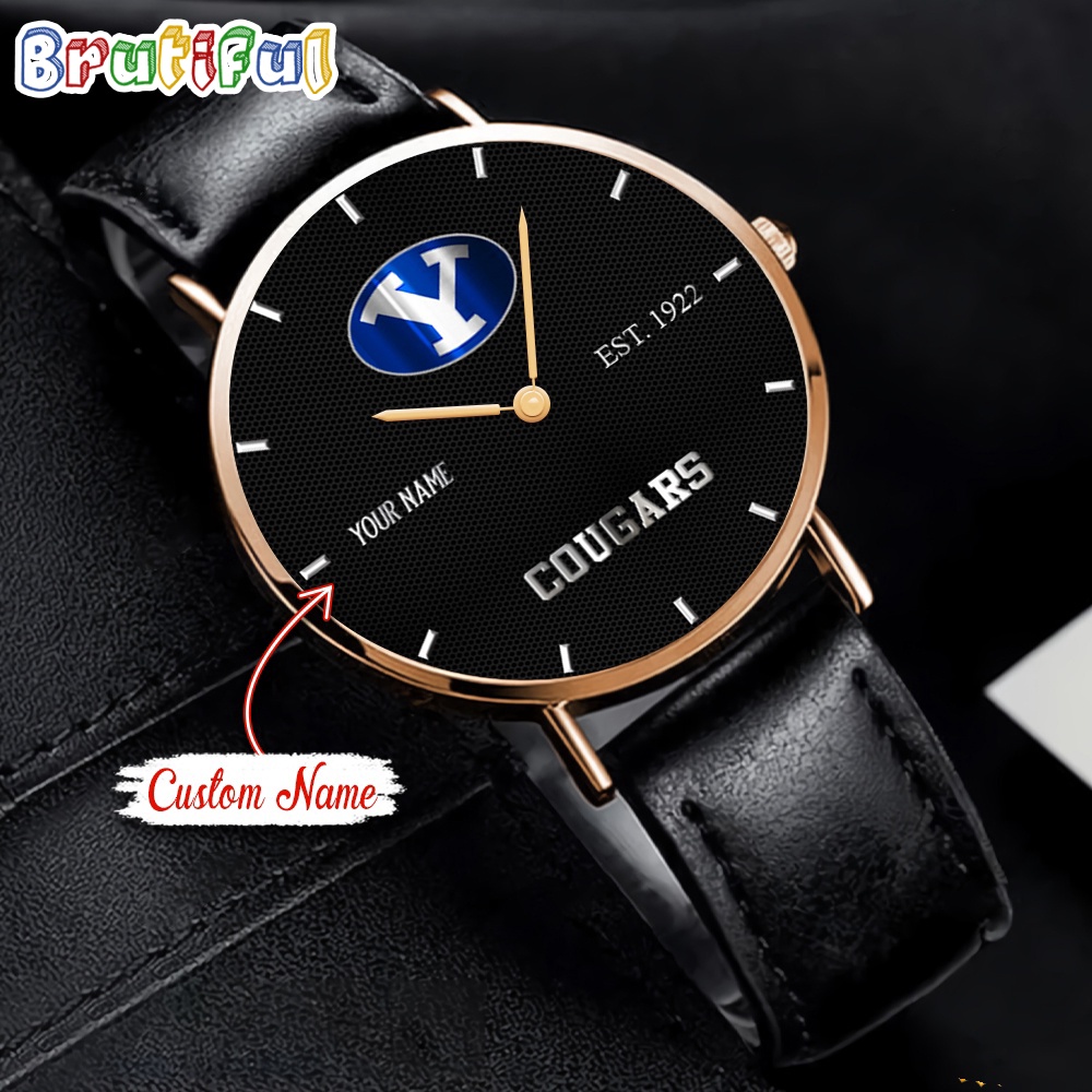 NCAA BYU Cougars Custom Name Black Stitched Leather Watch