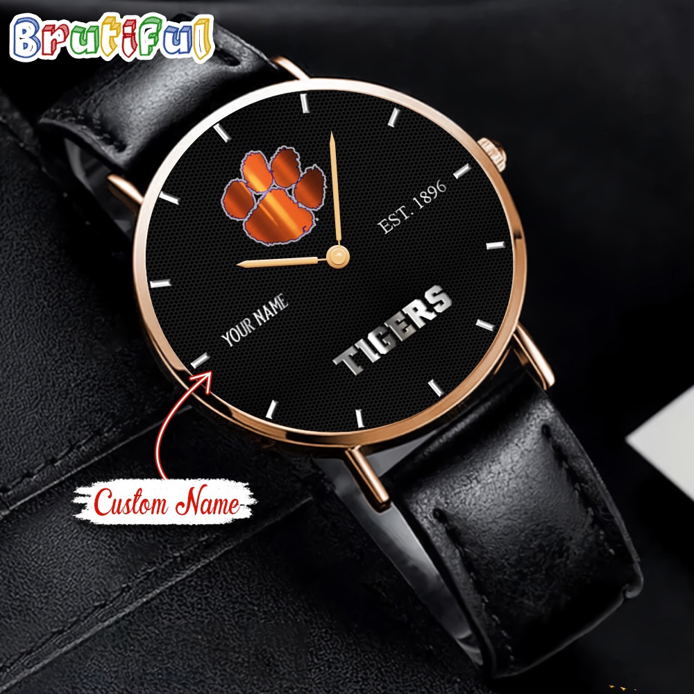 NCAA Clemson Tigers Custom Name Black Stitched Leather Watch