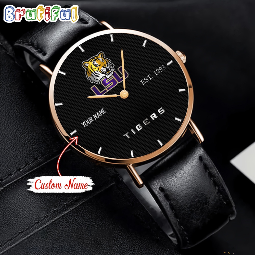 NCAA LSU Tigers Custom Name Black Stitched Leather Watch