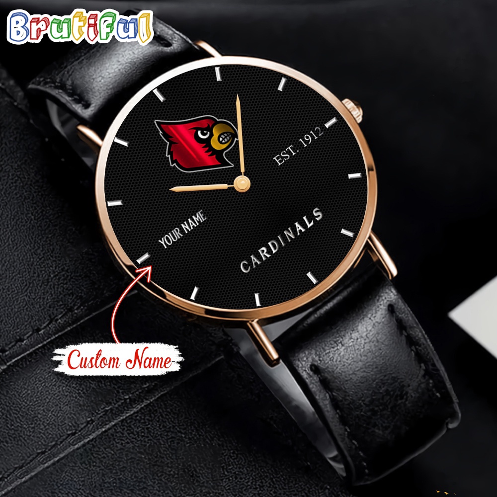 NCAA Louisville Cardinals Custom Name Black Stitched Leather Watch
