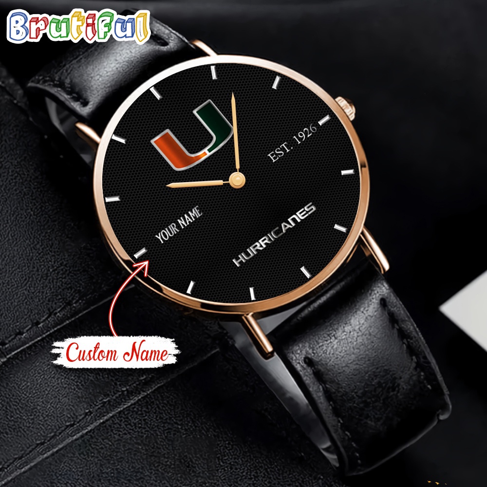 NCAA Miami Hurricanes Custom Name Black Stitched Leather Watch