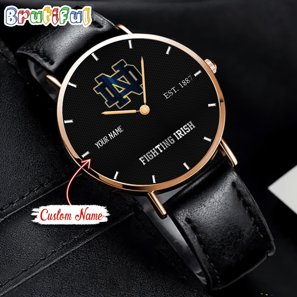 NCAA Notre Dame Fighting Irish Custom Name Black Stitched Leather Watch