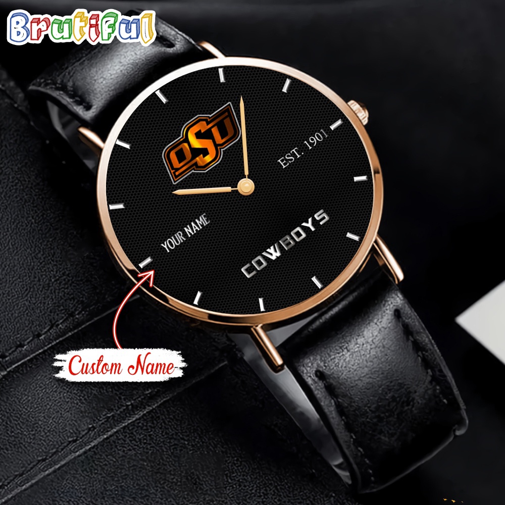 NCAA Oklahoma State Cowboys Custom Name Black Stitched Leather Watch