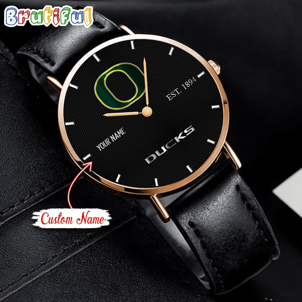NCAA Oregon Ducks Custom Name Black Stitched Leather Watch