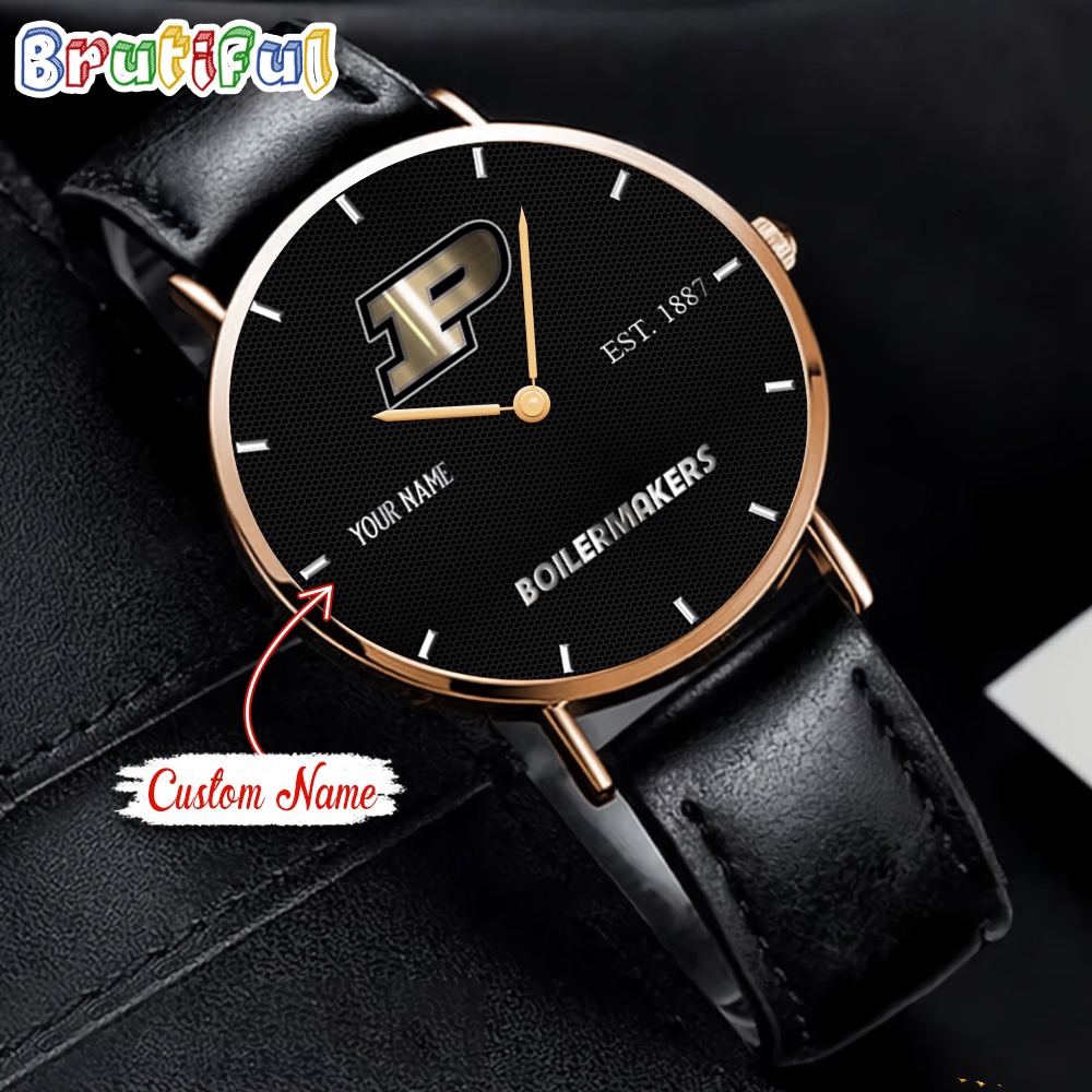 NCAA Purdue Boilermakers Custom Name Black Stitched Leather Watch