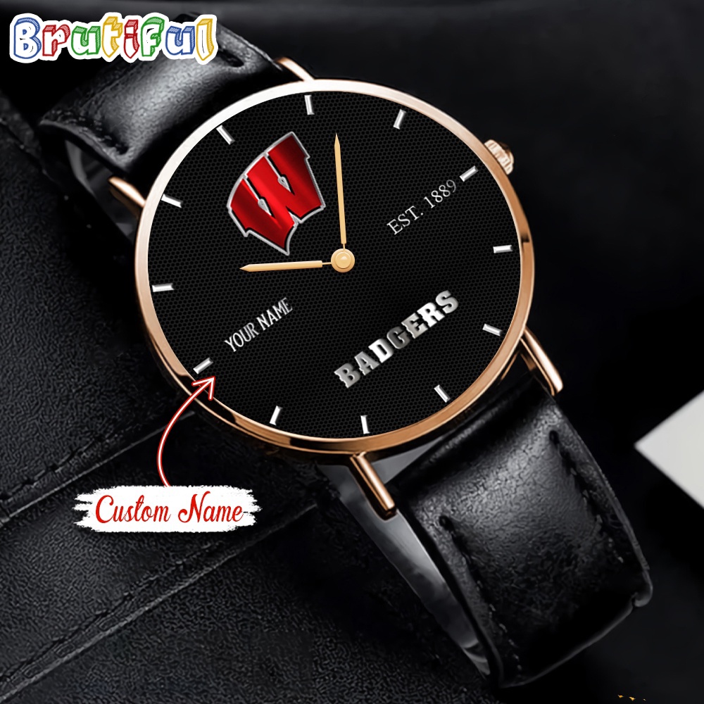 NCAA Wisconsin Badgers Custom Name Black Stitched Leather Watch