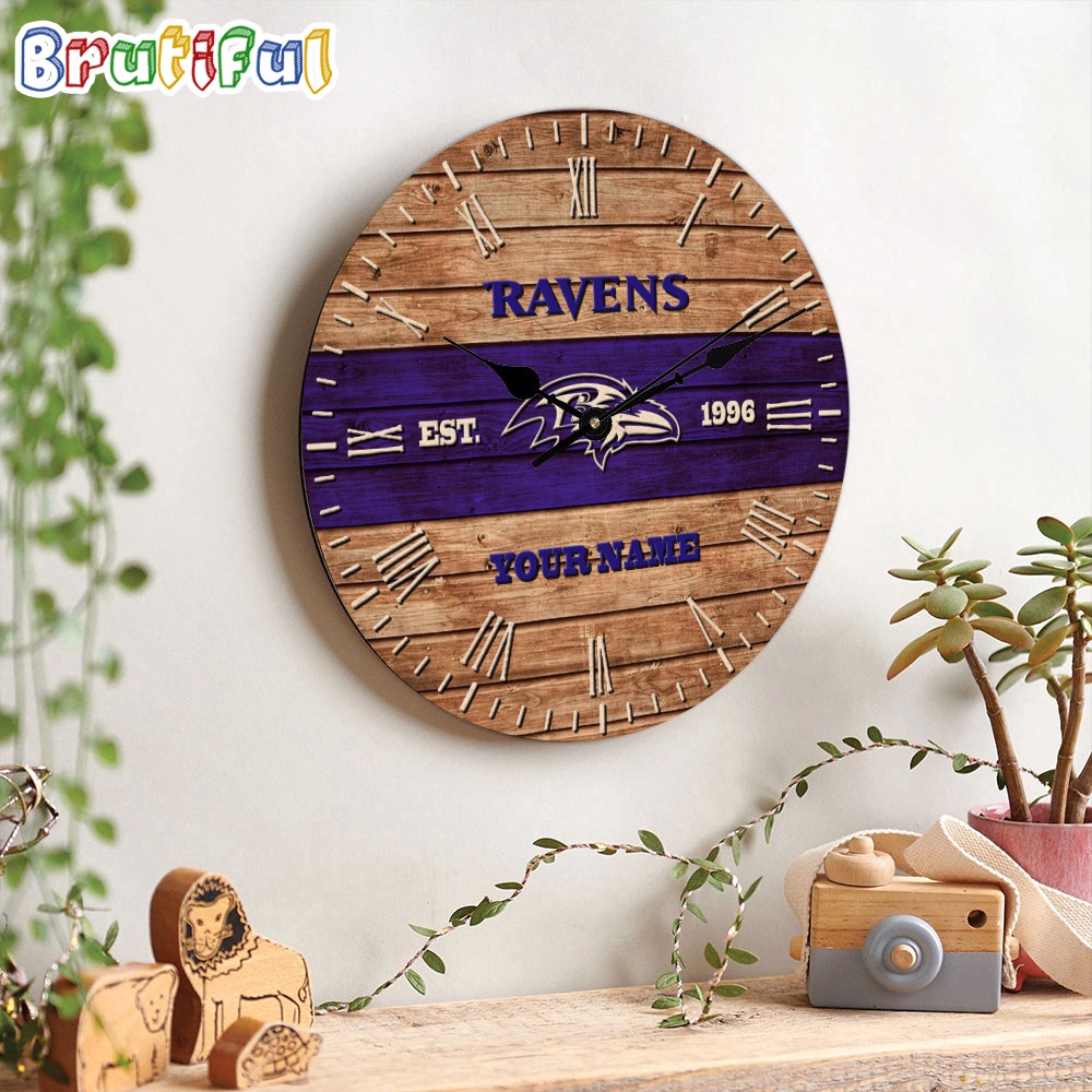 NFL Baltimore Ravens Clock Custom Name Wooden Clock