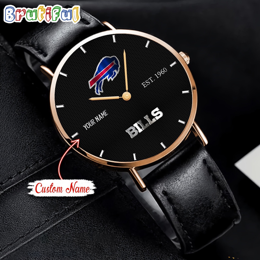 NFL Buffalo Bills Watch Custom Name Black Stitched Leather Watch 1