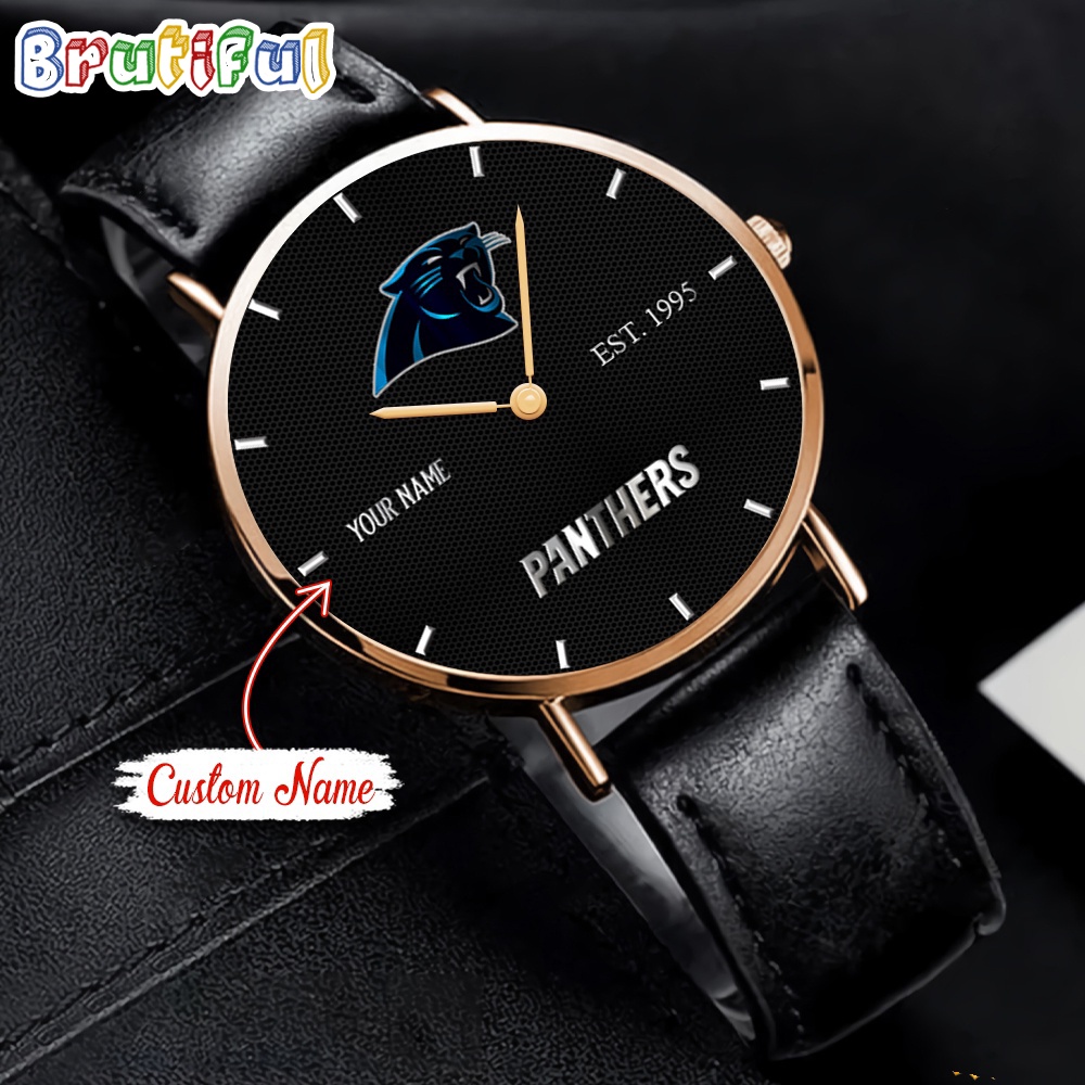 NFL Carolina Panthers Watch Custom Name Black Stitched Leather Watch 1