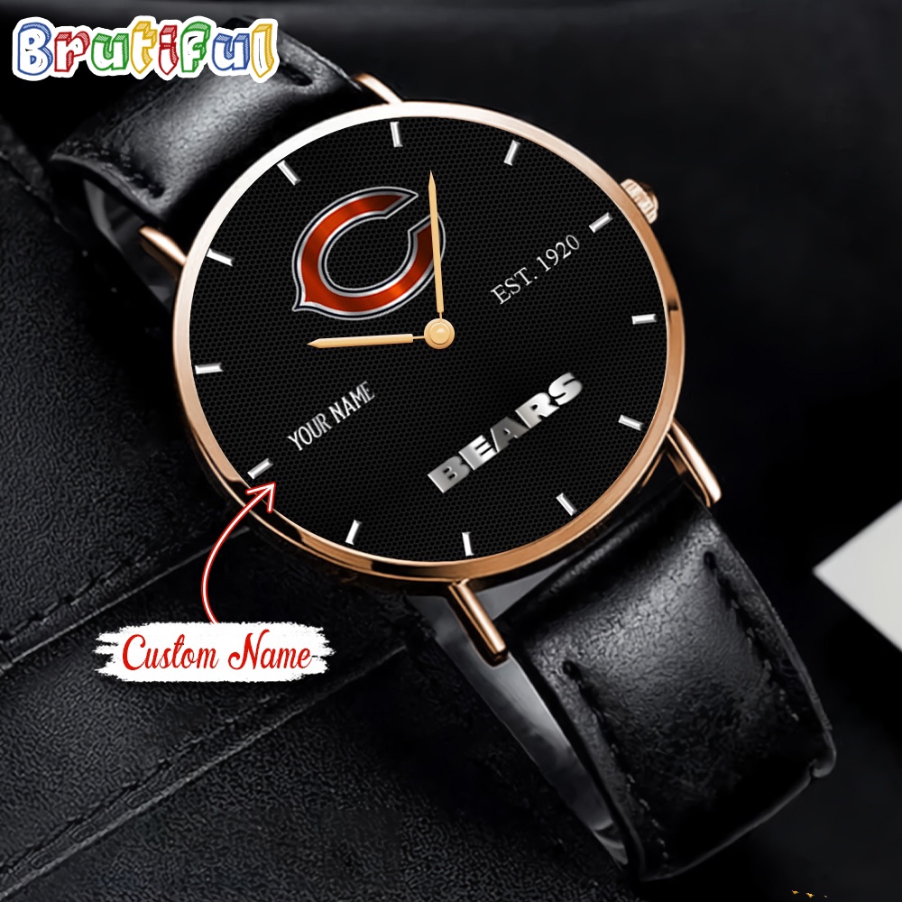 NFL Chicago Bears Watch Custom Name Black Stitched Leather Watch 1