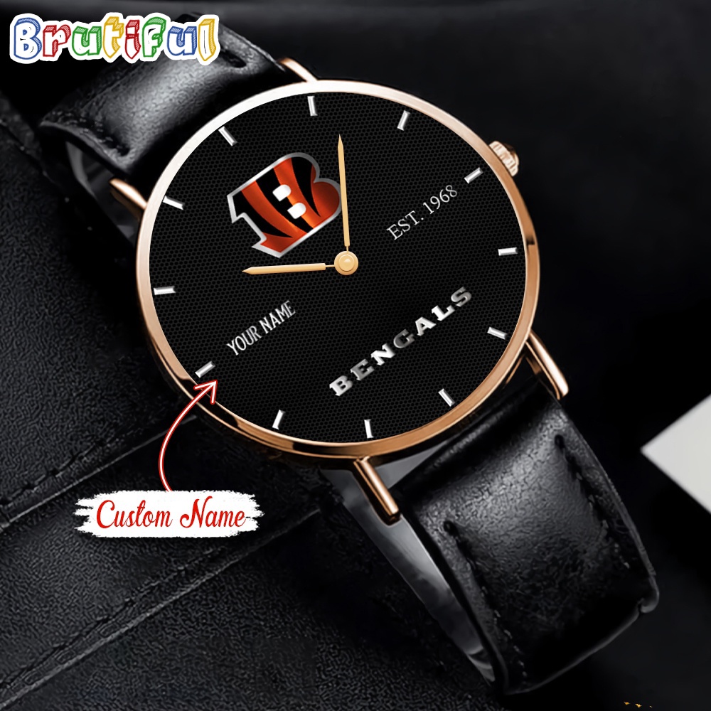 NFL Cincinnati Bengals Watch Custom Name Black Stitched Leather Watch 1