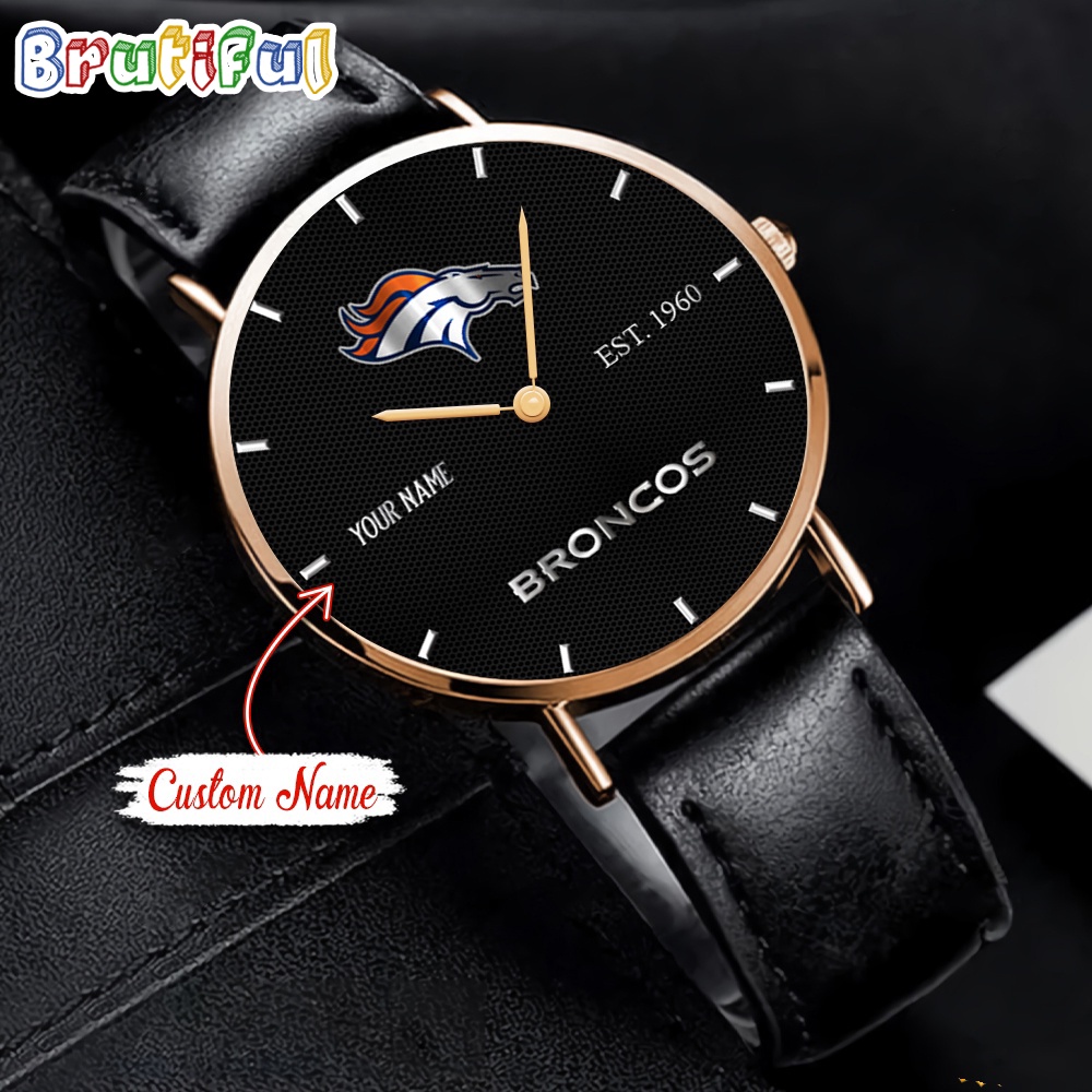 NFL Denver Broncos Watch Custom Name Black Stitched Leather Watch 1