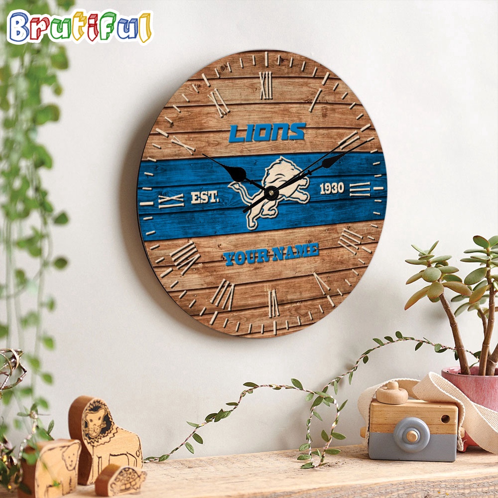 NFL Detroit Lions Clock Custom Name Wooden Clock