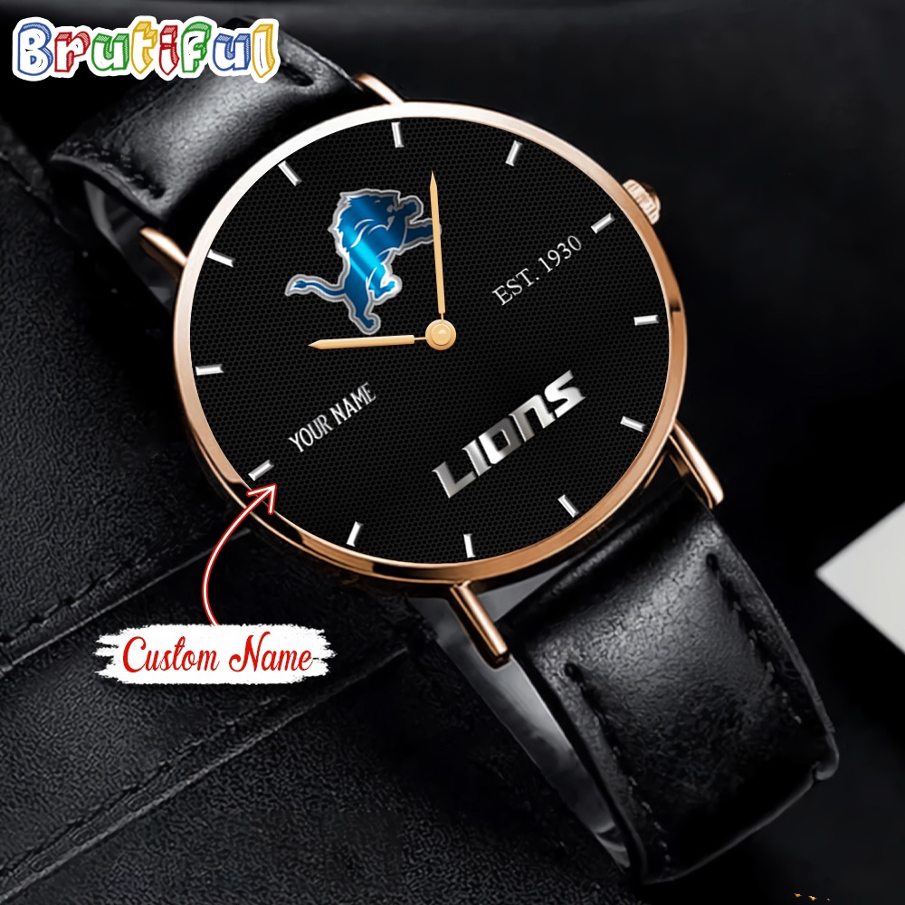 NFL Detroit Lions Watch Custom Name Black Stitched Leather Watch 1
