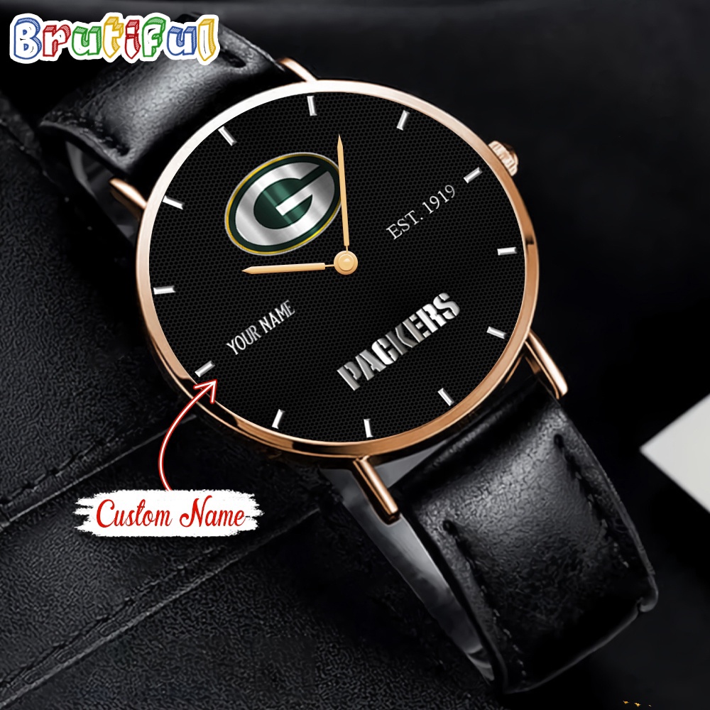 NFL Green Bay Packers Watch Custom Name Black Stitched Leather Watch 1