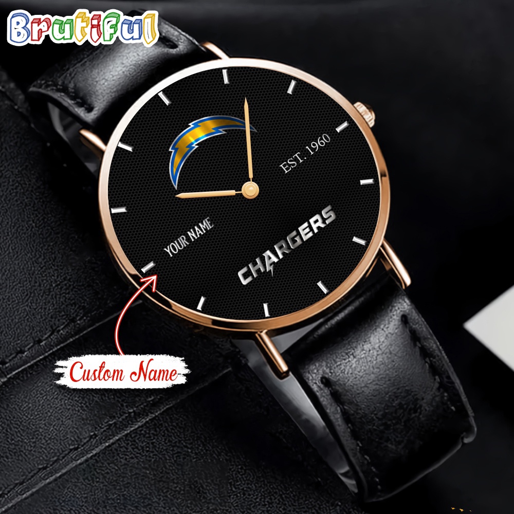 NFL Los Angeles Chargers Watch Custom Name Black Stitched Leather Watch 1