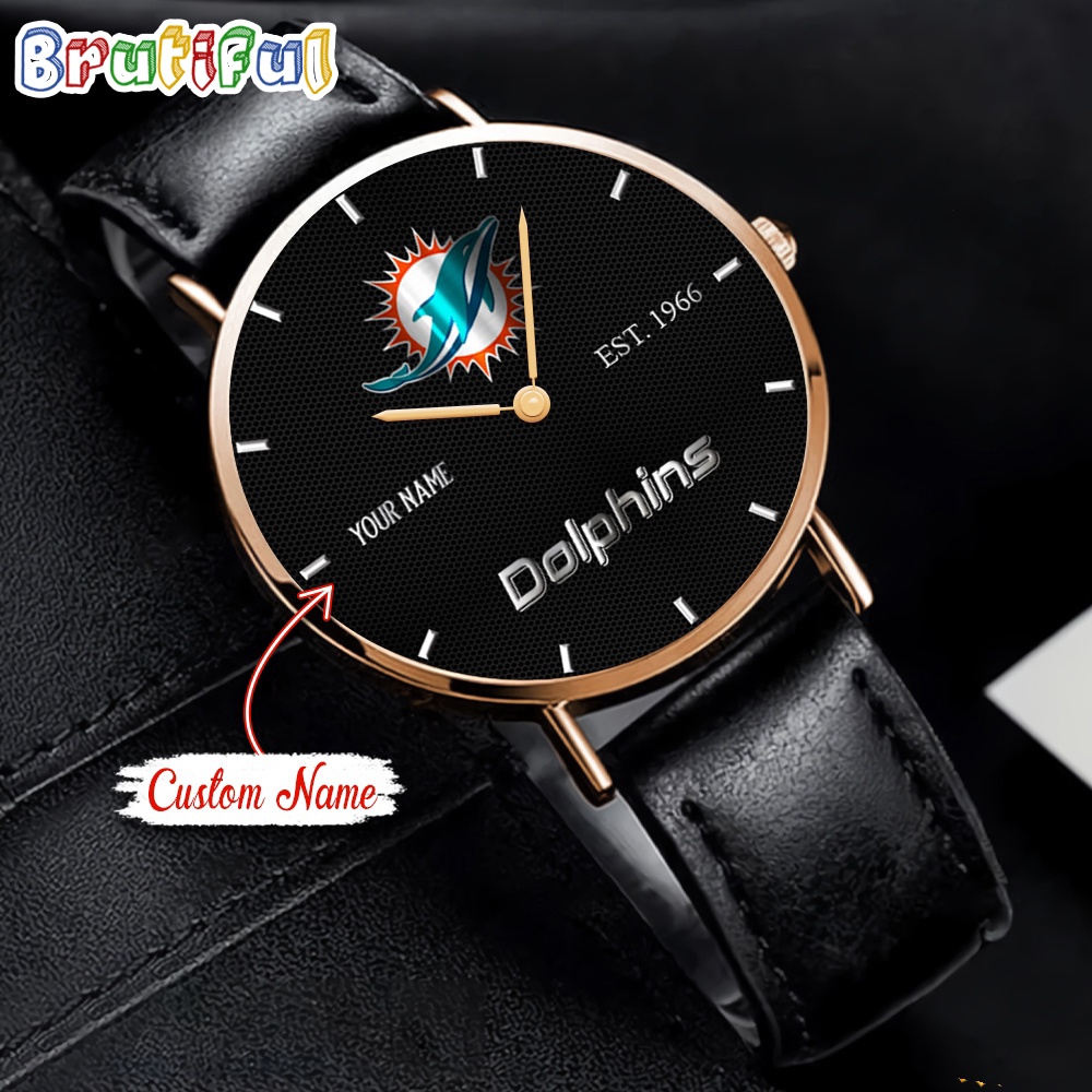 NFL Miami Dolphins Watch Custom Name Black Stitched Leather Watch 1