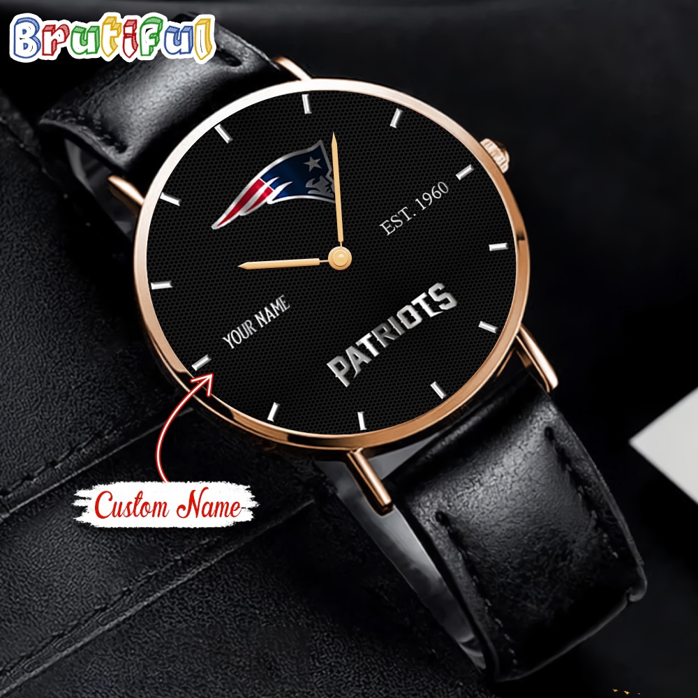 NFL New England Patriots Watch Custom Name Black Stitched Leather Watch 1
