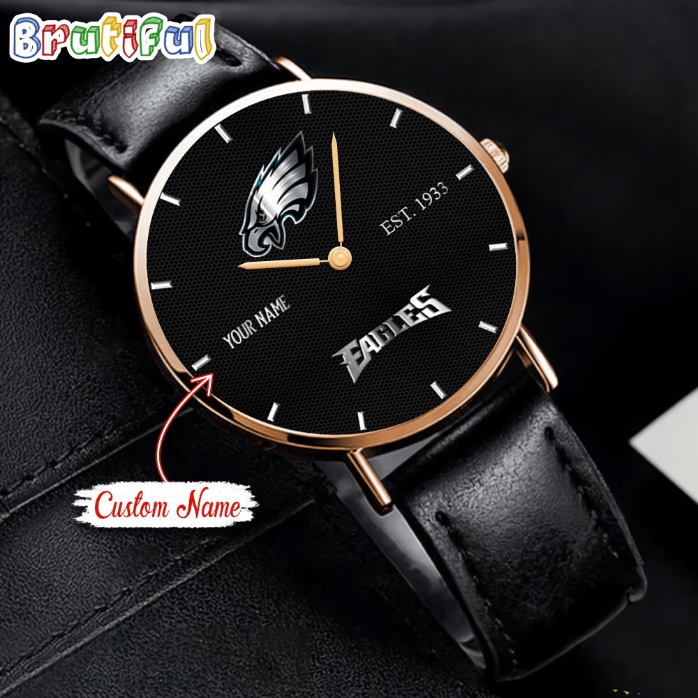 NFL Philadelphia Eagles Watch Custom Name Black Stitched Leather Watch 1